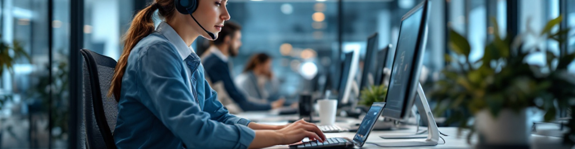 Facilities Management call centre with lady using cafm / cmms software