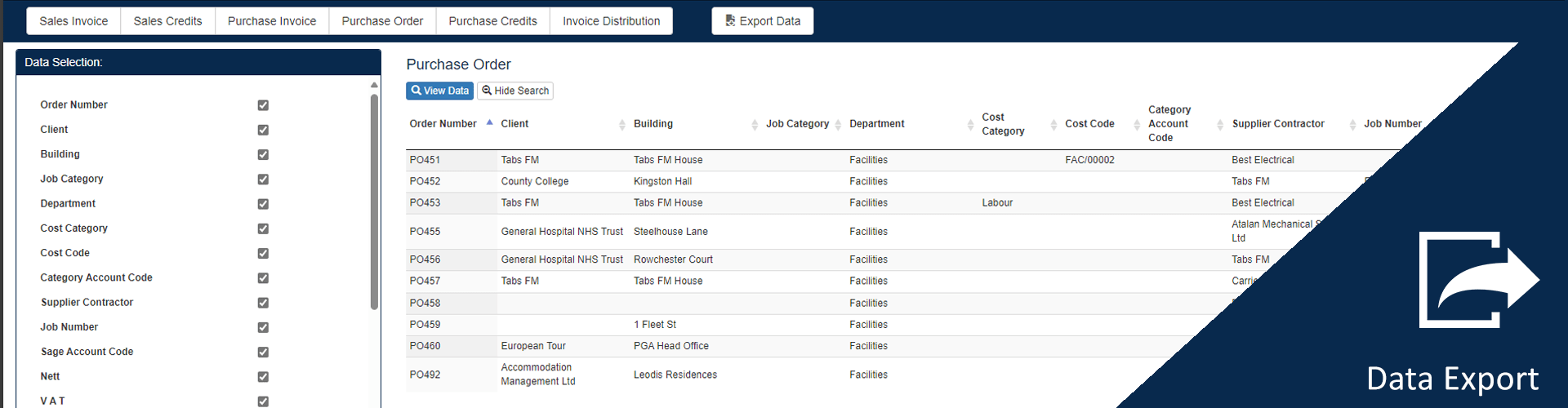 Data Export CAFM Software for facilities management